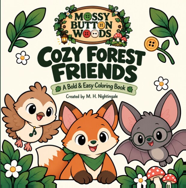 Cover of Cozy Forest Friends, a bold and easy coloring book from Mossy Button Woods, showing a little bird, a fox and a bat in glasses among leaves and toadstools