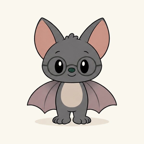 Edgar the bat, a darker gray bat wearing round glasses