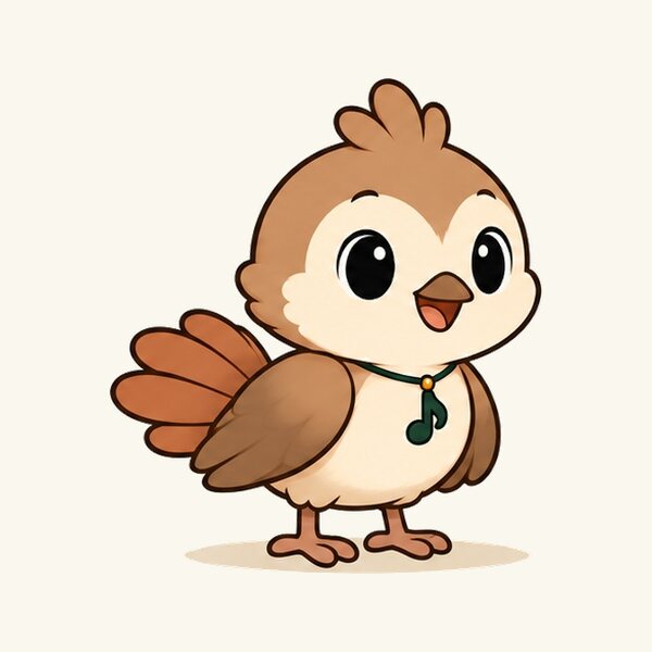 Flo the bird, a small brown bird with a green music-note necklace