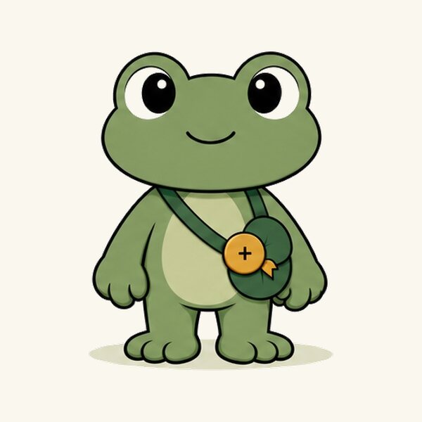 Irwin the frog, a green frog with a leafy shoulder bag and a gold button