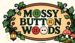 Mossy Button Woods logo: the name on a wooden oval sign with buttons for the letter O, wrapped in ivy, with a lantern and two toadstools