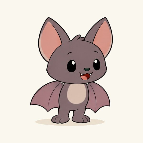 Rupert the bat, a lighter gray-brown bat with open wings