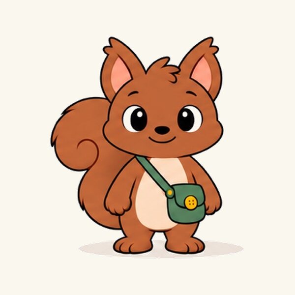 Simon the squirrel, a reddish-brown squirrel with a green shoulder bag and a gold button